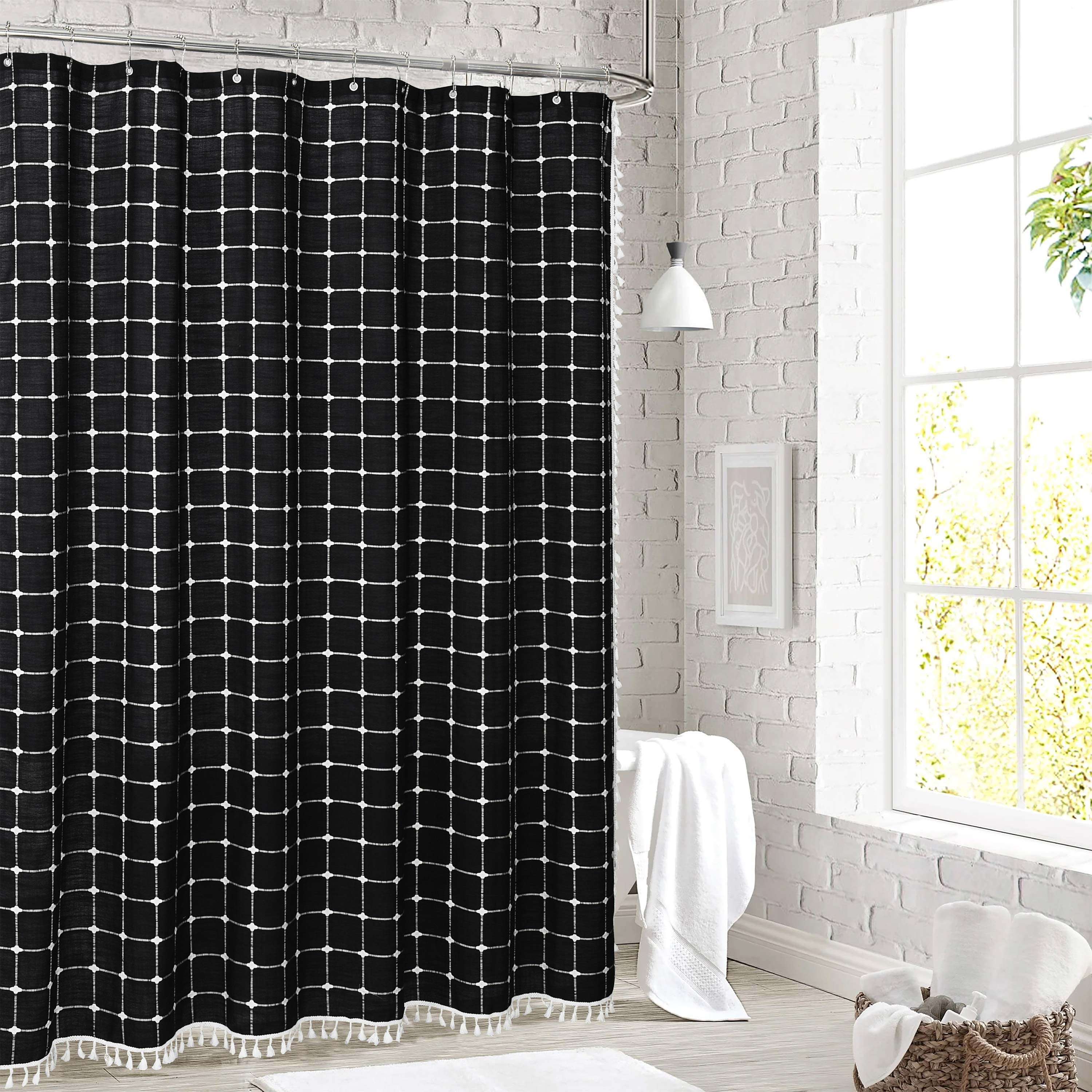EvJk 1PC Modern Waterproof Plaid Shower Curtains with Tassel for Bathroom, 72" x 72", Black