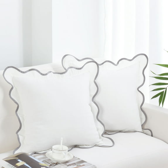 EvJk 2 PCS Decorative Aesthetic Throw Pillow Covers with Scalloped Border, 18" x 18", White and Gray