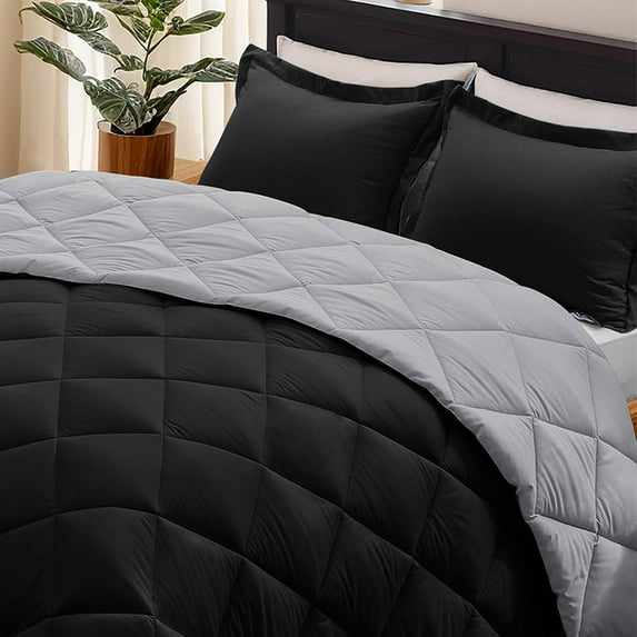 EvJk 3-Piece Queen Comforter Set – Black/ Light Gray Reversible All Season Bedding
