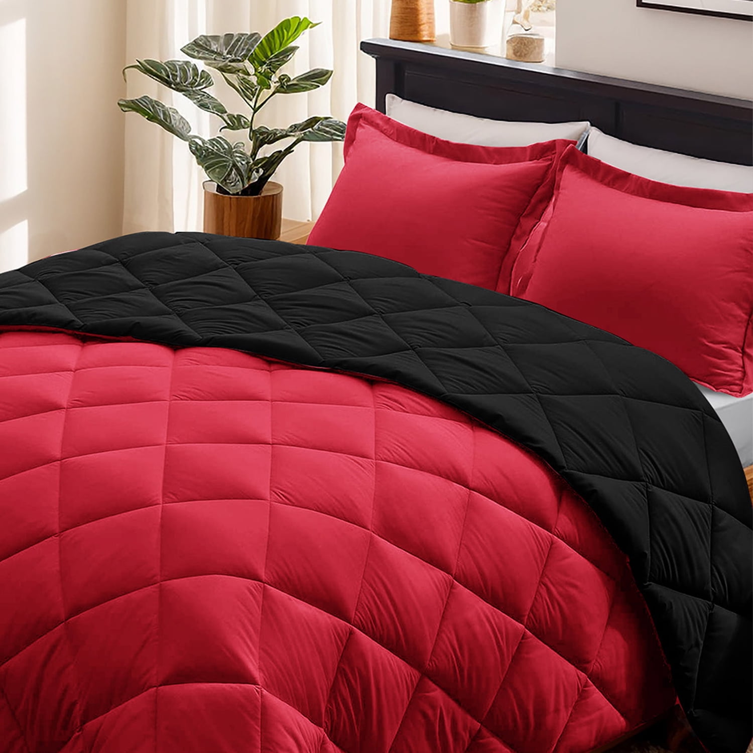 EvJk 3-Piece Queen Comforter Set – Red/ Black Reversible All Season Bedding