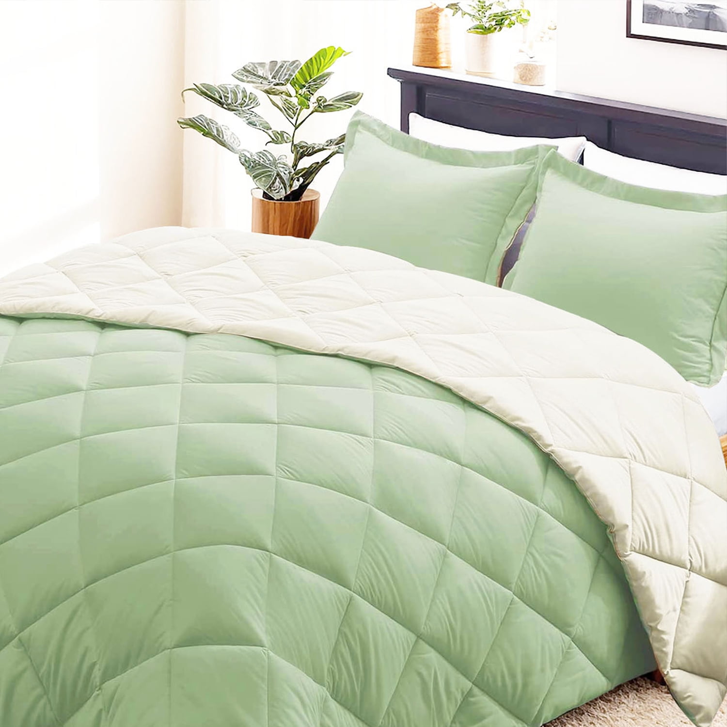 EvJk 3-Piece Queen Comforter Set – Sage/ Beige Reversible All Season Bedding