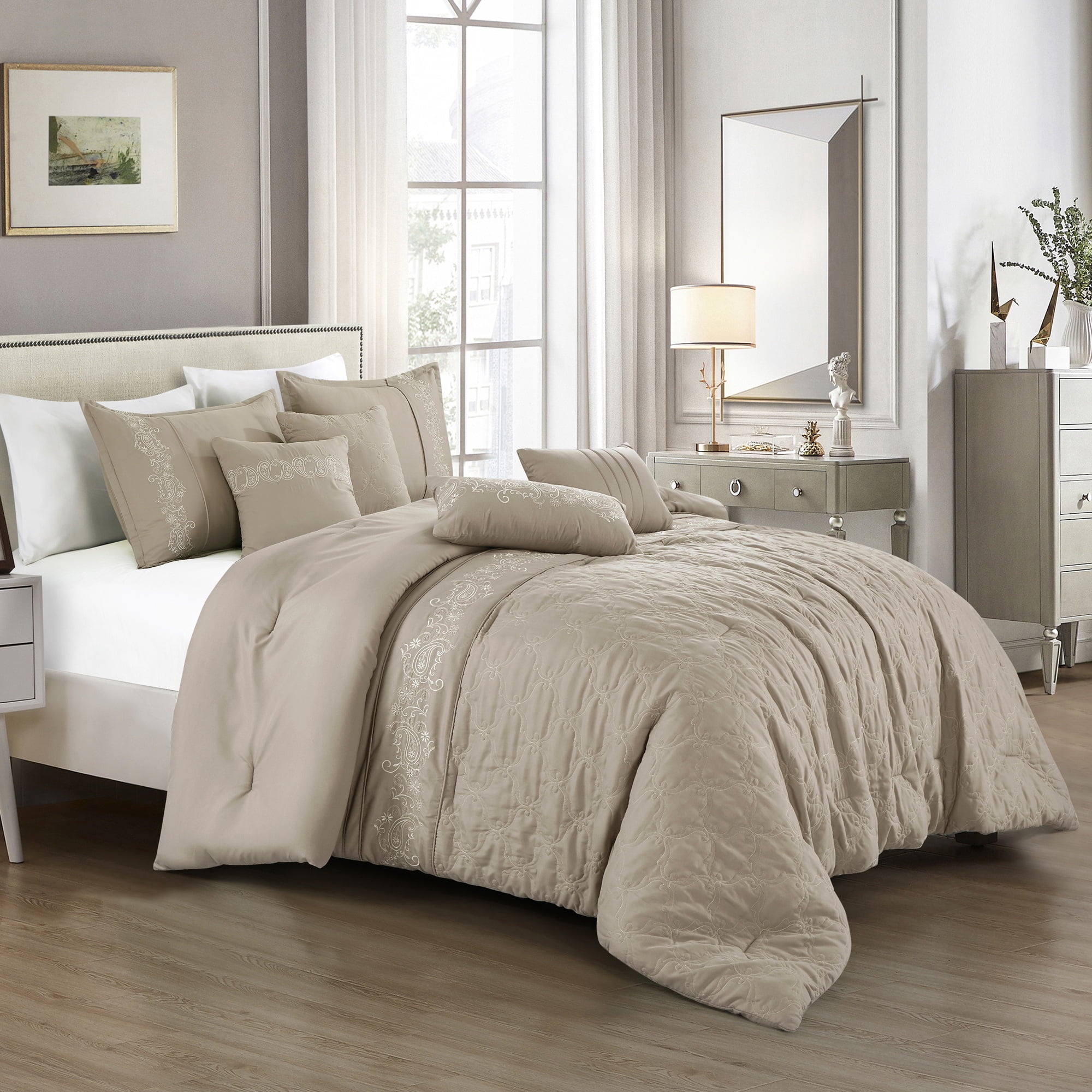EvJk 7-Piece Luxury Comforter Set, Detailed Embroidered Look, Queen