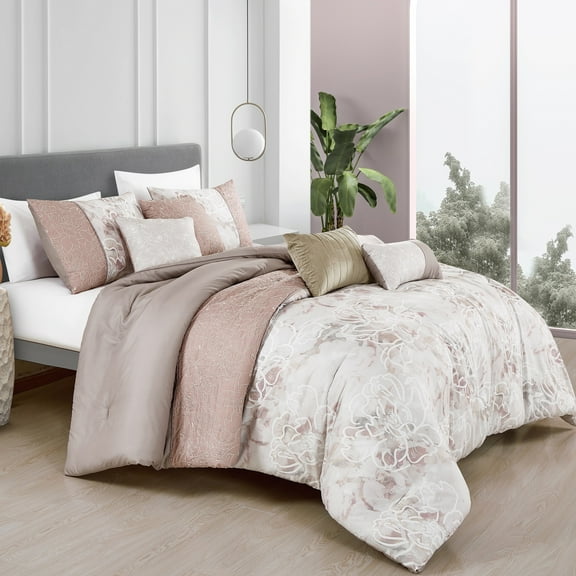 EvJk 7-Piece Luxury Comforter Set, Dual-Tone Print and Embroidery, Queen