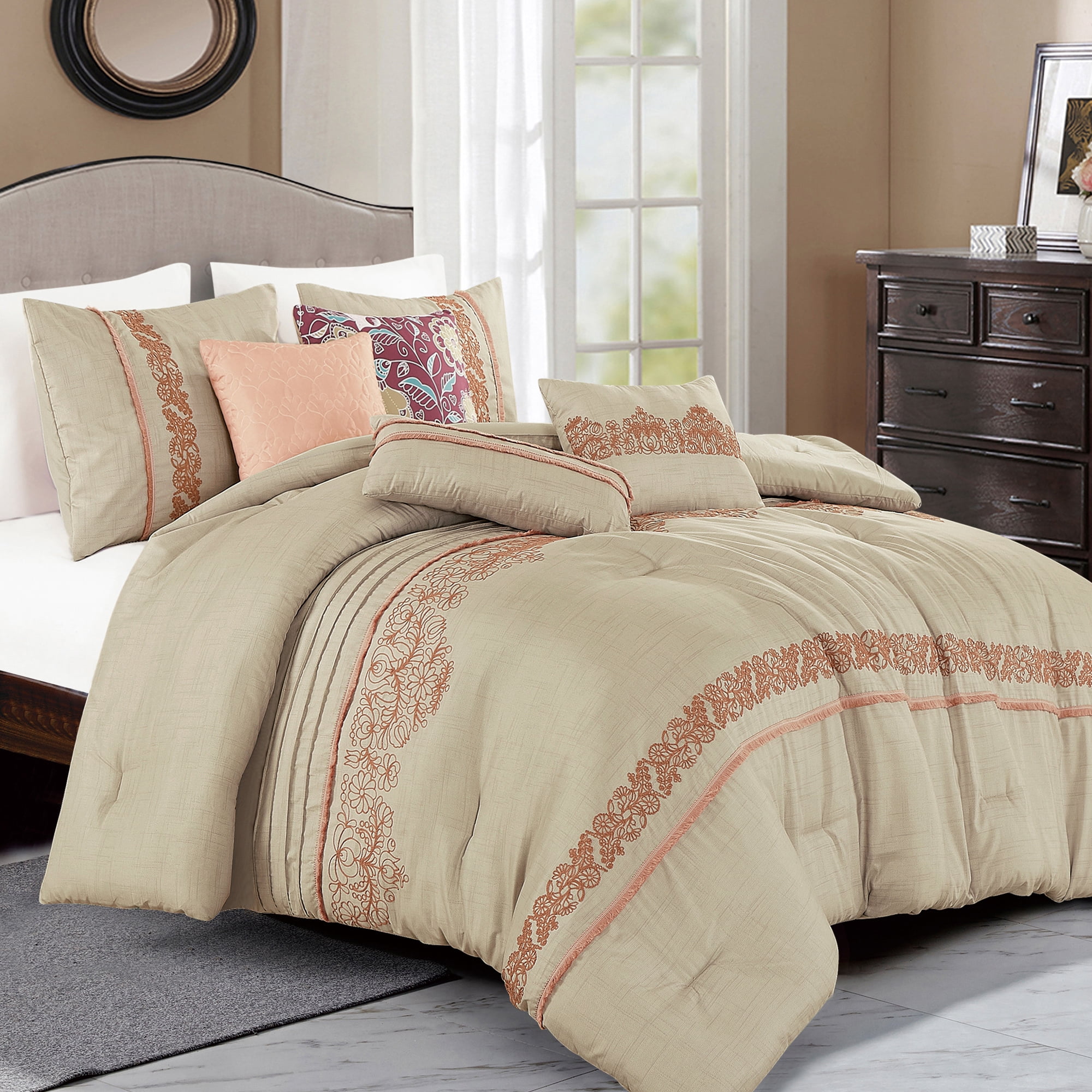 EvJk 7-Piece Luxury Comforter Set, Grand Embroidery Statement, King