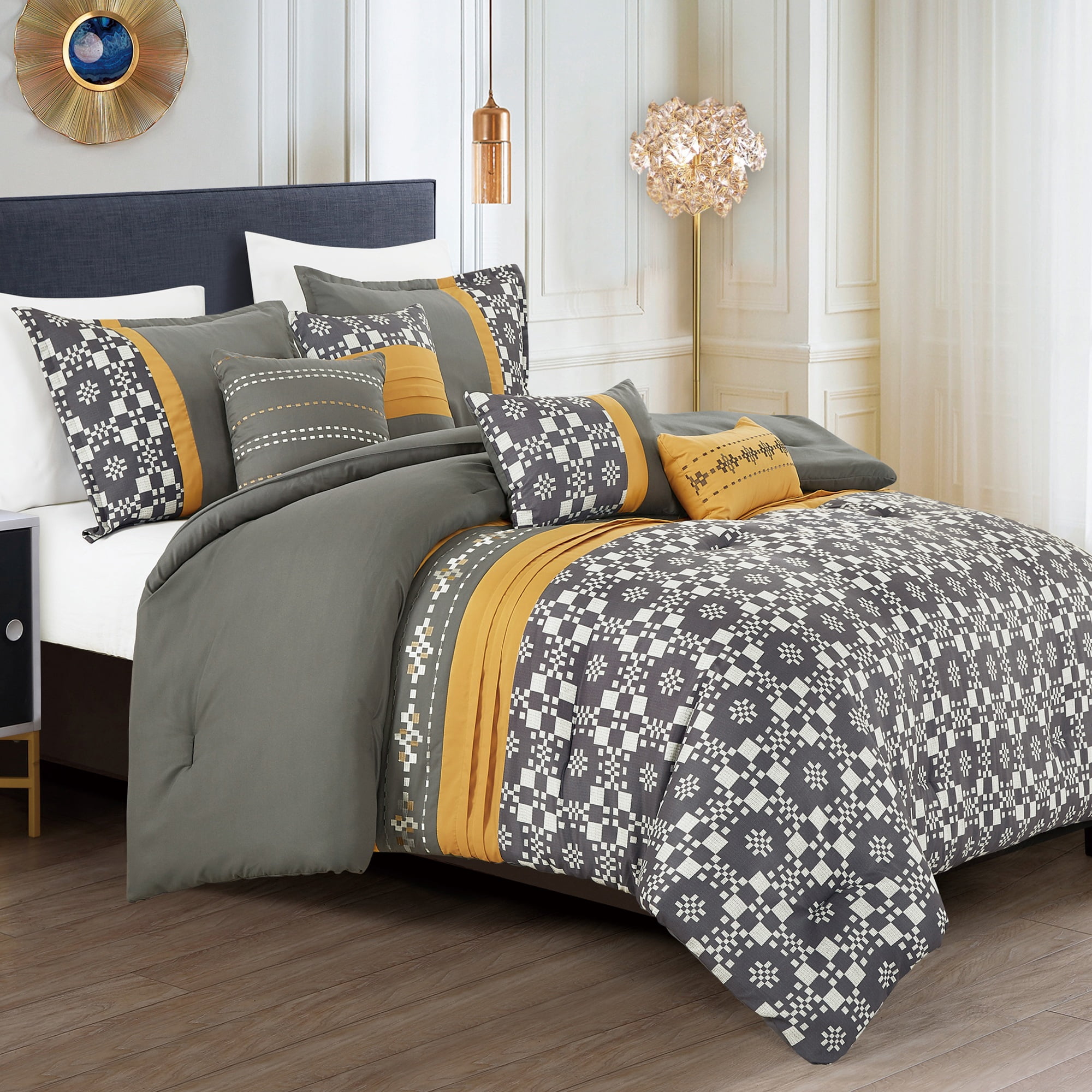 EvJk 7-Piece Luxury Comforter Set, Hybrid Print & Embroidery Technique, King