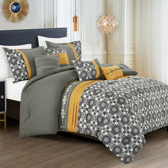 EvJk 7-Piece Luxury Comforter Set, Hybrid Print & Embroidery Technique, Queen