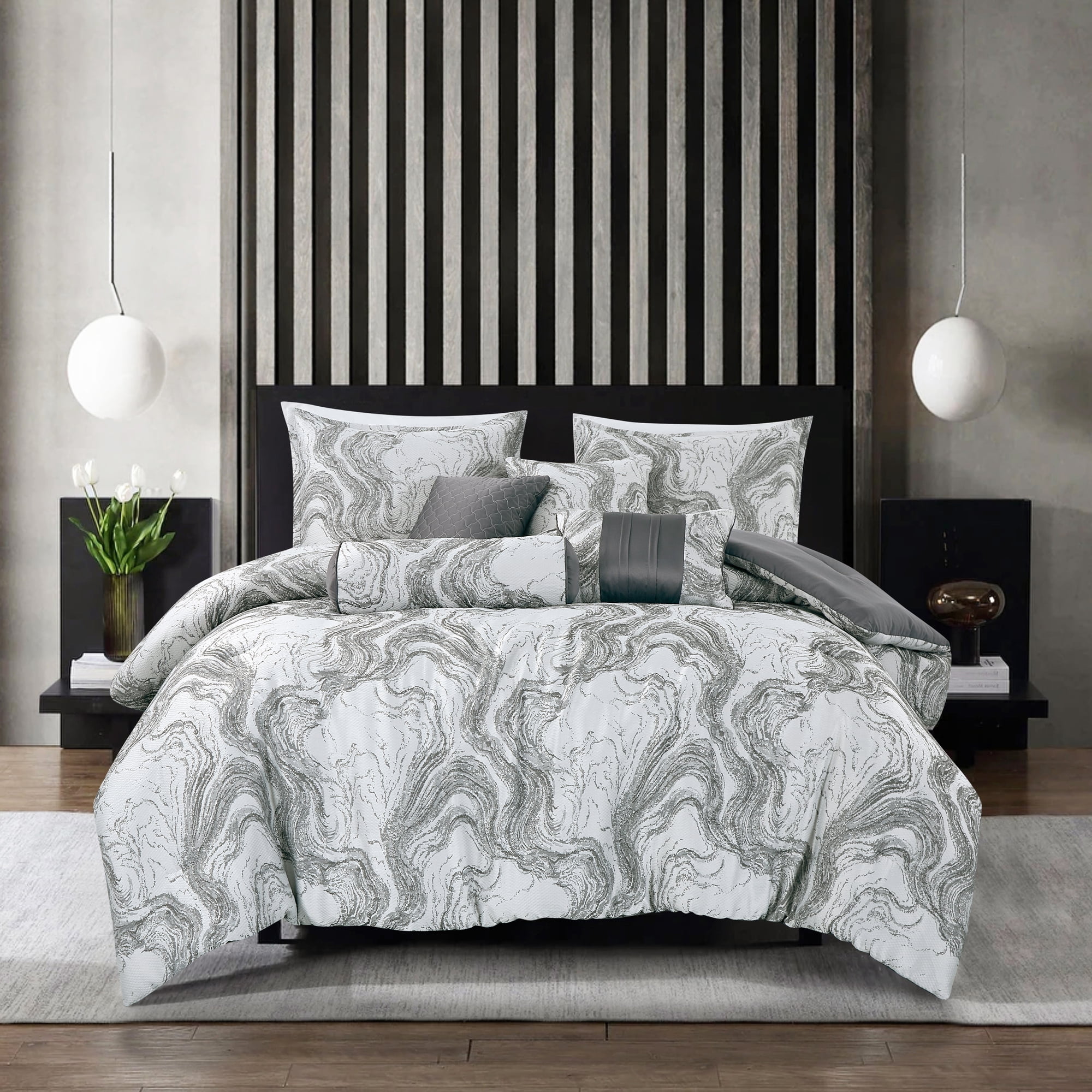 EvJk 7-Piece Luxury Comforter Set, Intricate Jacquard Weave Design, Queen