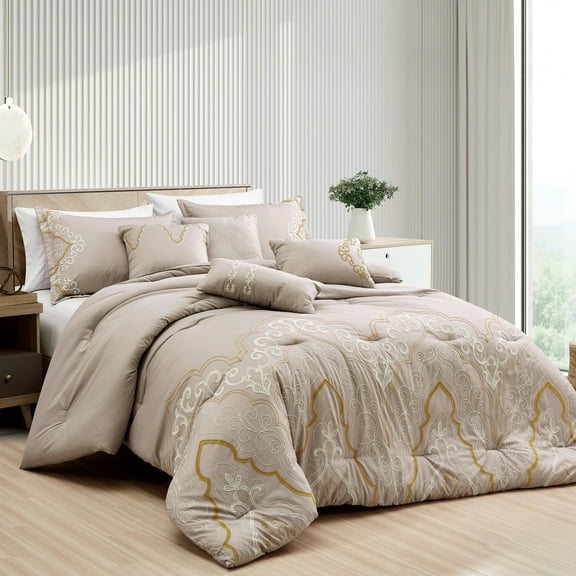 EvJk 7-Piece Luxury Comforter Set, Precision Stitched Embroidery, Queen