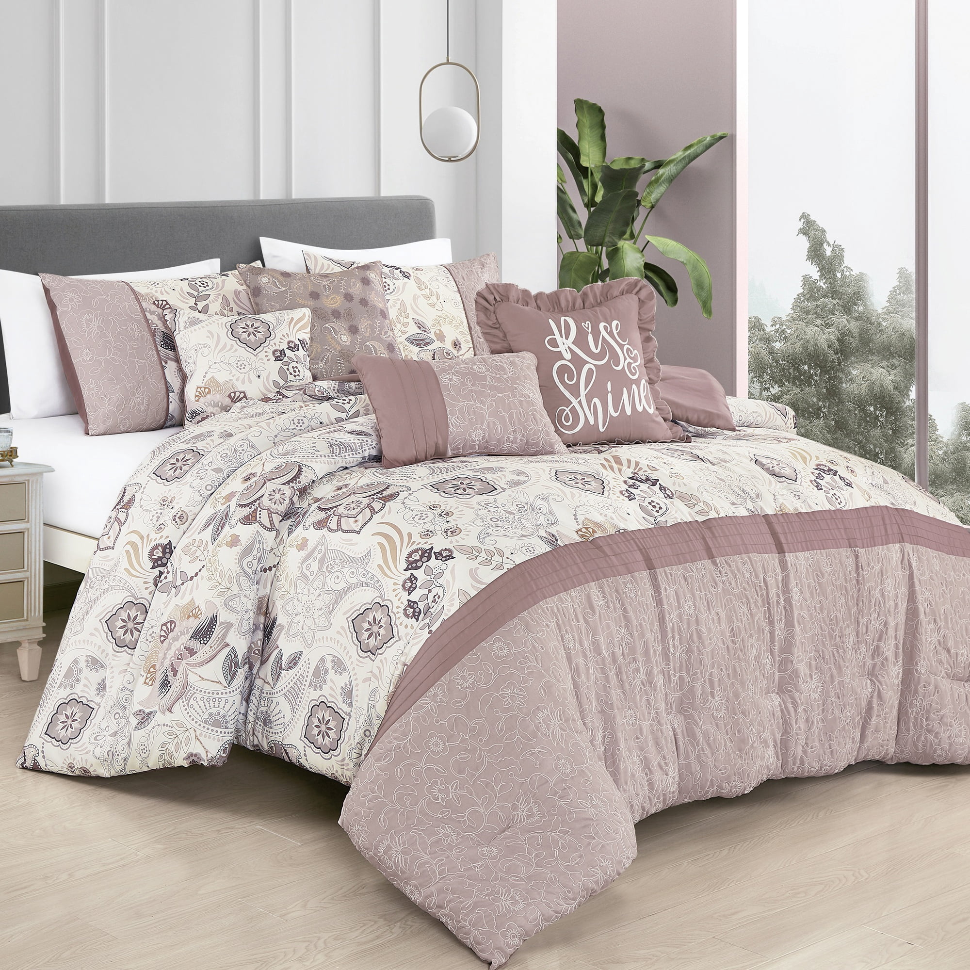 EvJk 7-Piece Luxury Comforter Set, Printed Design with Embroidery, Queen