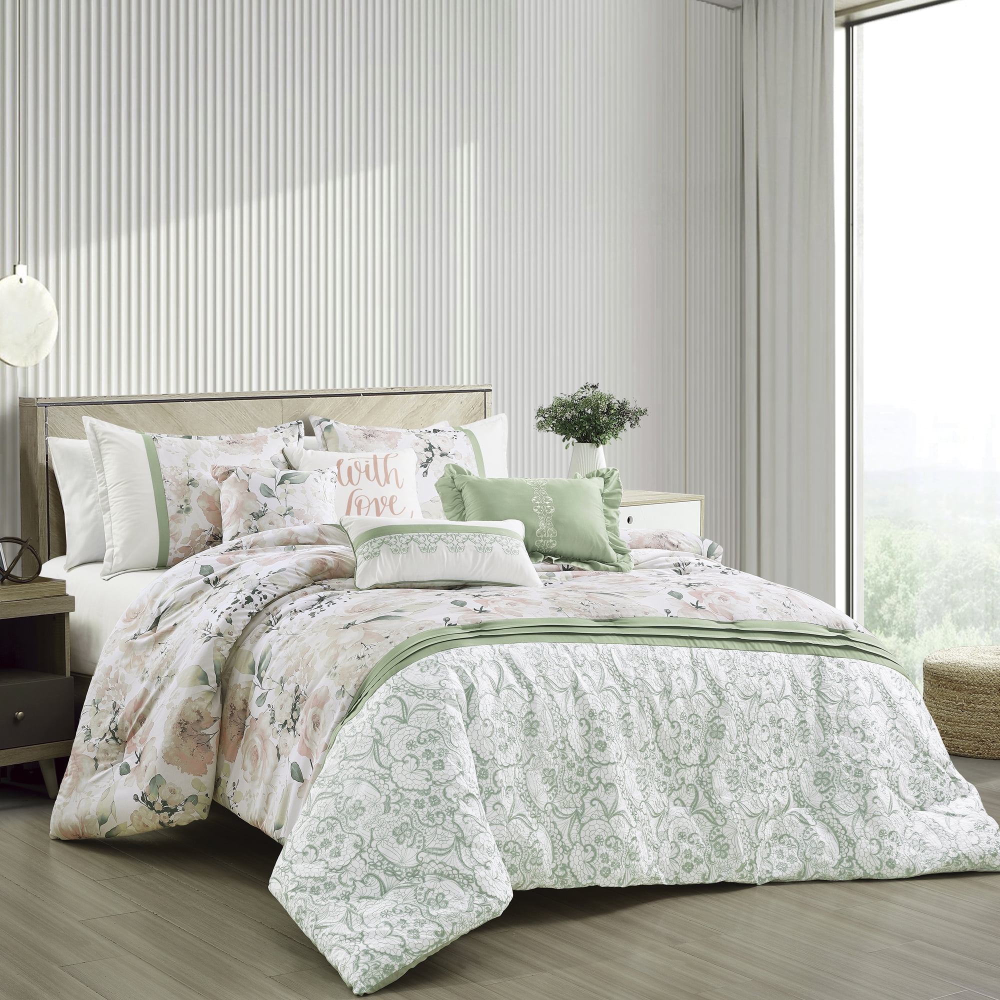 EvJk 7-Piece Luxury Comforter Set, Rich Print with Embroidered Borders, King
