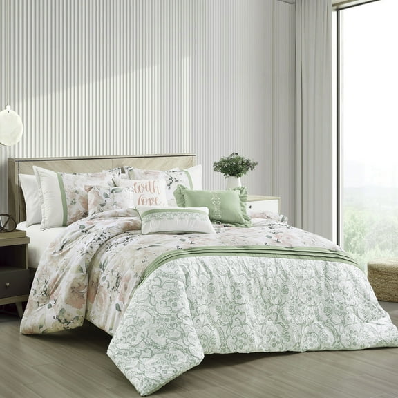 EvJk 7-Piece Luxury Comforter Set, Rich Print with Embroidered Borders, Queen