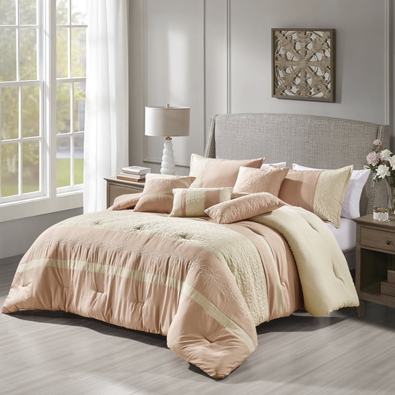EvJk 7-Piece Luxury Comforter Set, Sophisticated Embroidered Patterns, King