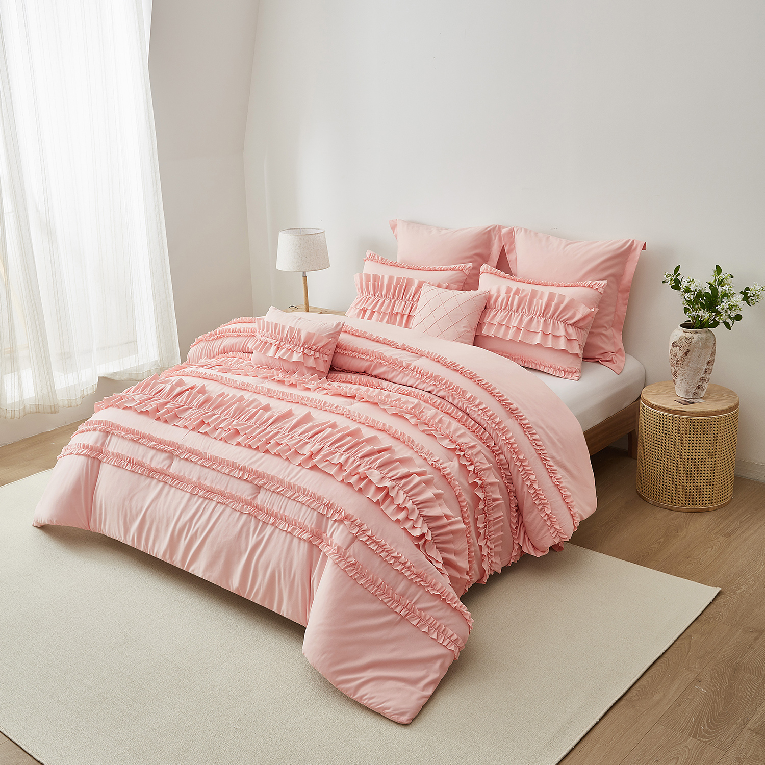EvJk 7-Piece Peach Comforter Set - Delicate Butterfly Ruched Design , King Size in a Bag