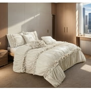 EvJk 7 Piece Ruched Pleat Comforter Set, Camel Romantic Bed in a Bag, King