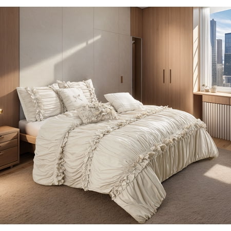 EvJk 7 Piece Ruched Pleat Comforter Set, Camel Romantic Bed in a Bag, King