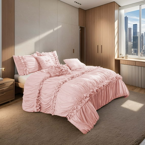 EvJk 7 Piece Ruched Pleat Comforter Set, Pinch Pink Romantic Bed in a Bag, Queen