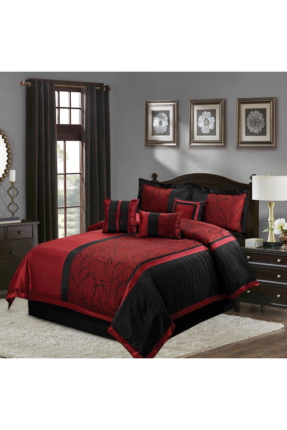 7 Piece Traditional Comforter Set, Jacquard Patchwork, Burgundy, Queen