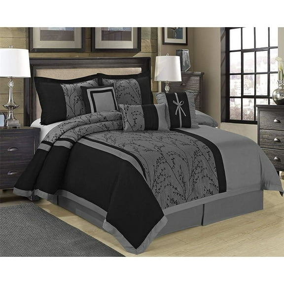 EvJk 7 Piece Traditional Comforter Set, Jacquard Patchwork, Gray, Queen