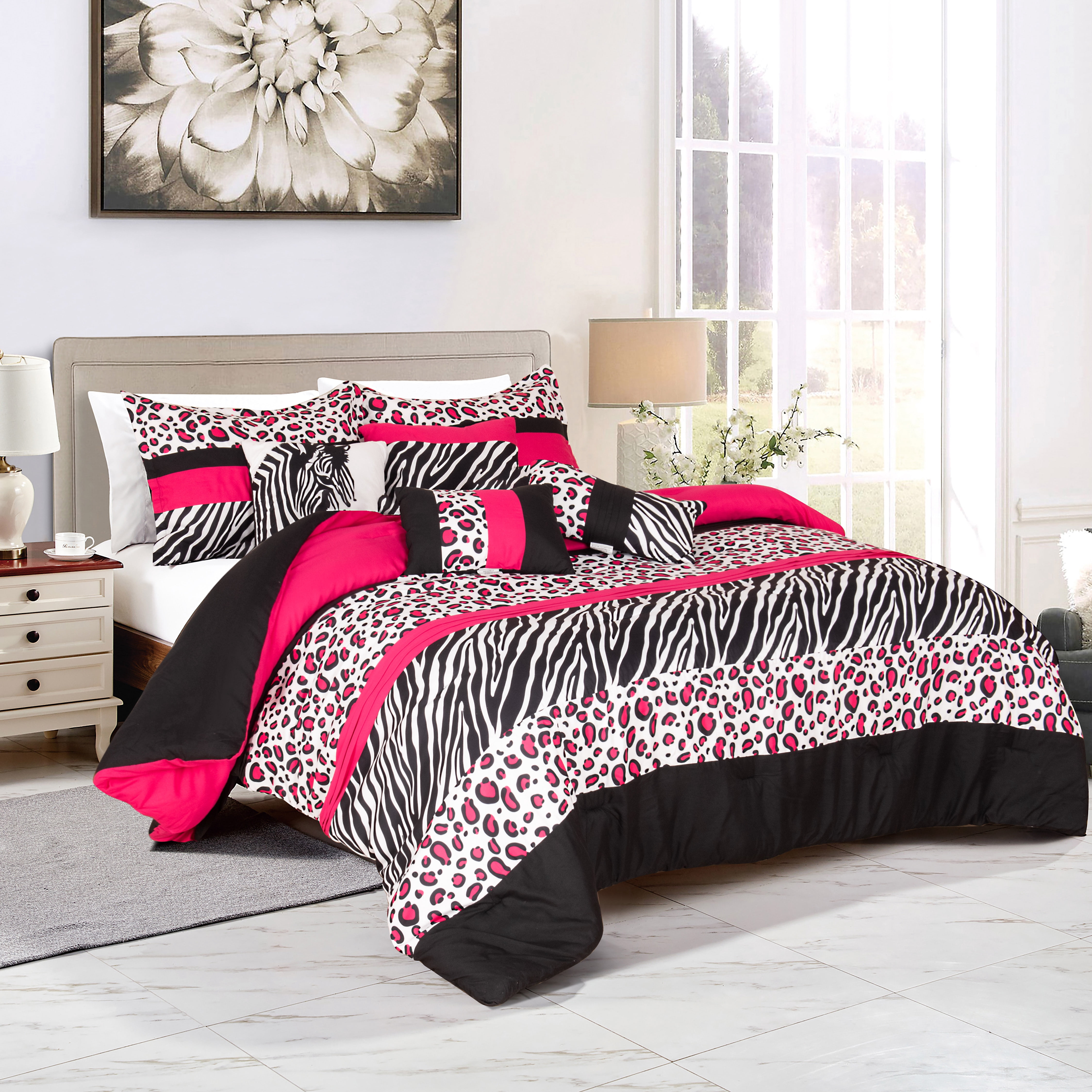EvJk 7 Pieces Leopard Print Comforter Set Color Block Patchwork Bed in A Bag, Pink and Black, King