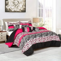 EvJk 7 Pieces Leopard Print Comforter Set Color Block Patchwork Bed in A Bag, Pink and Black, Queen