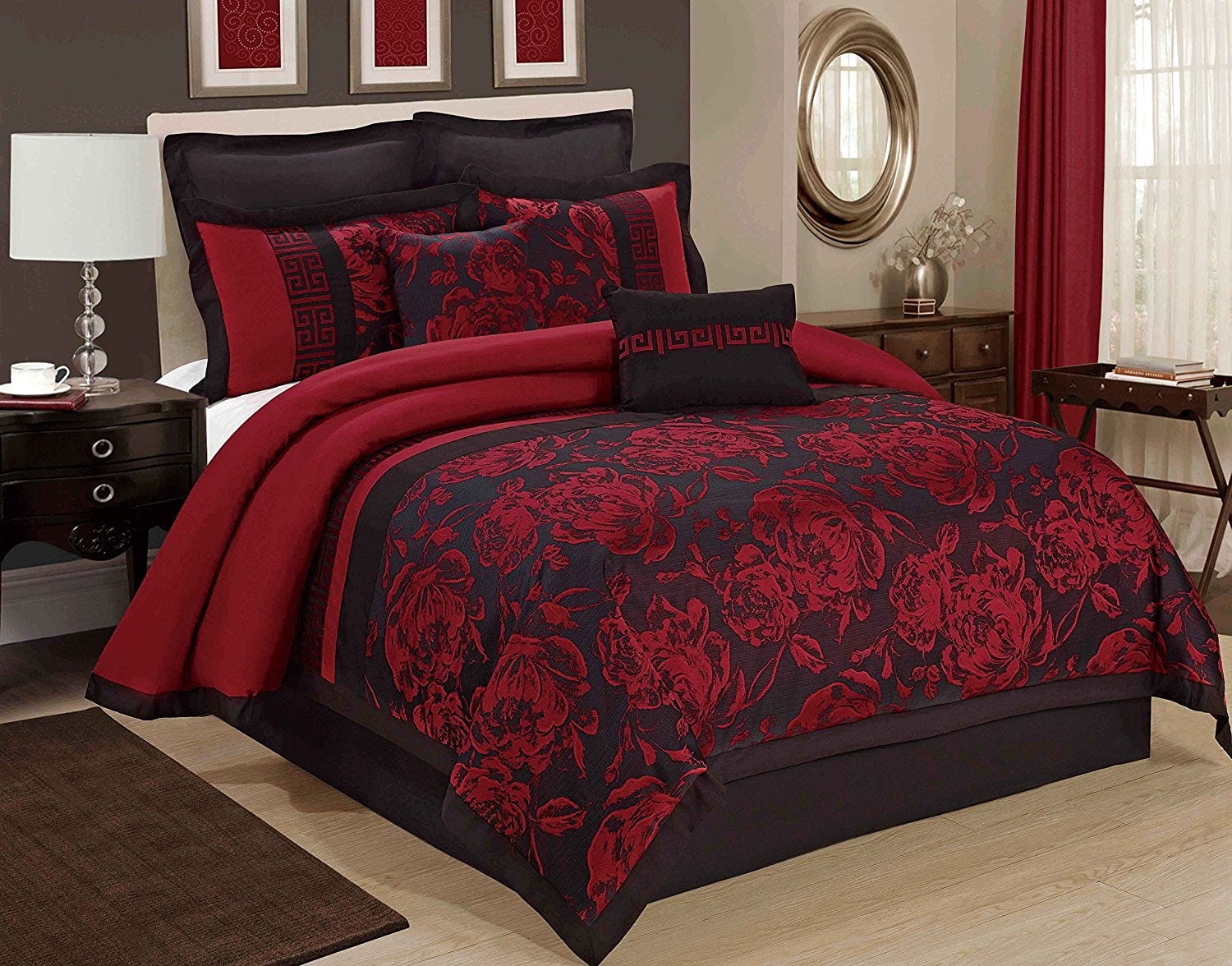 EvJk 8 Piece Jacquard Patchwork Floral Pattern Queen Bed in a Bag, Burgundy Bedding Set,King