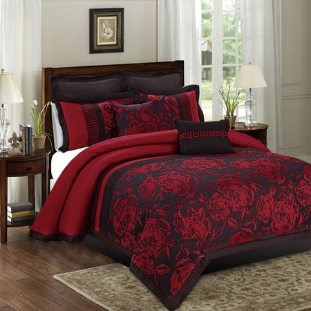 EvJk 8 Piece Jacquard Patchwork Floral Pattern Queen Bed in a Bag, Burgundy Bedding Set
