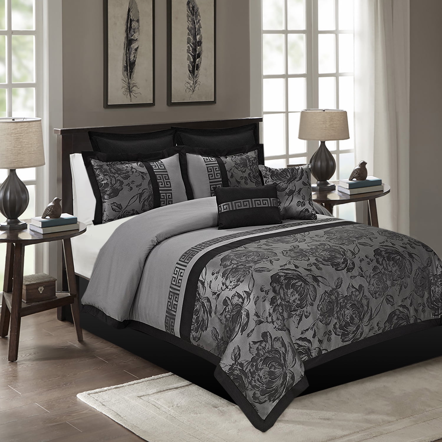 EvJk 8 Piece Jacquard Patchwork Floral Pattern Queen Bed in a Bag, Gray Bedding Set
