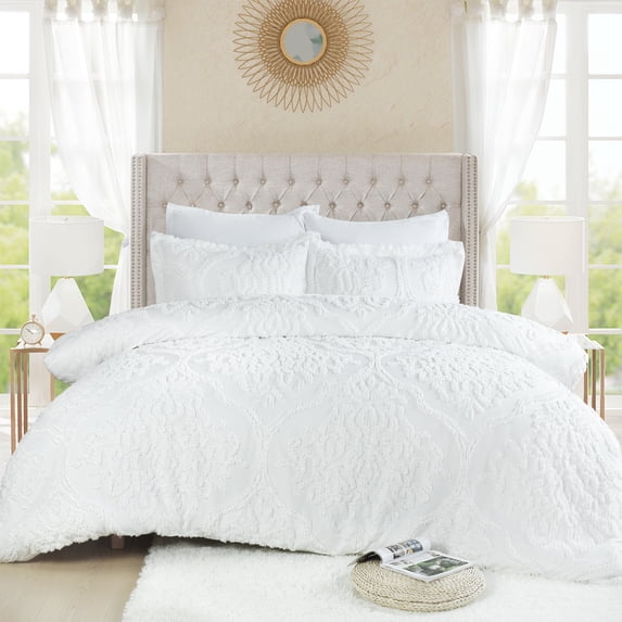 EvJk Modern Series 7-Piece Comforter Set, White Tufted Vintage Damask Bed in a Bag, King