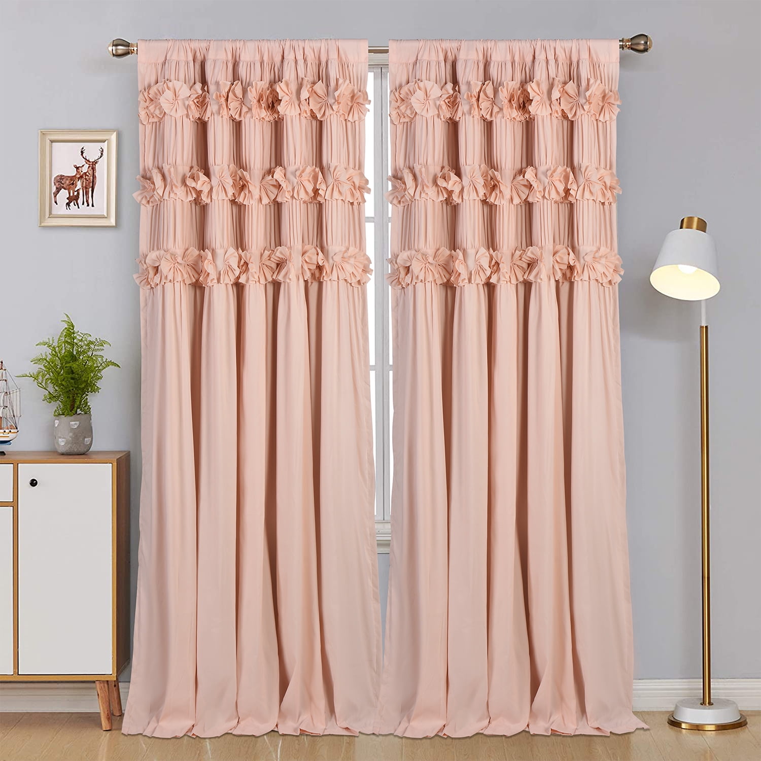 EvJk Peach Blackout Window Curtain 54" x 84", 2 Panels Curtains with Handmade Ruffles