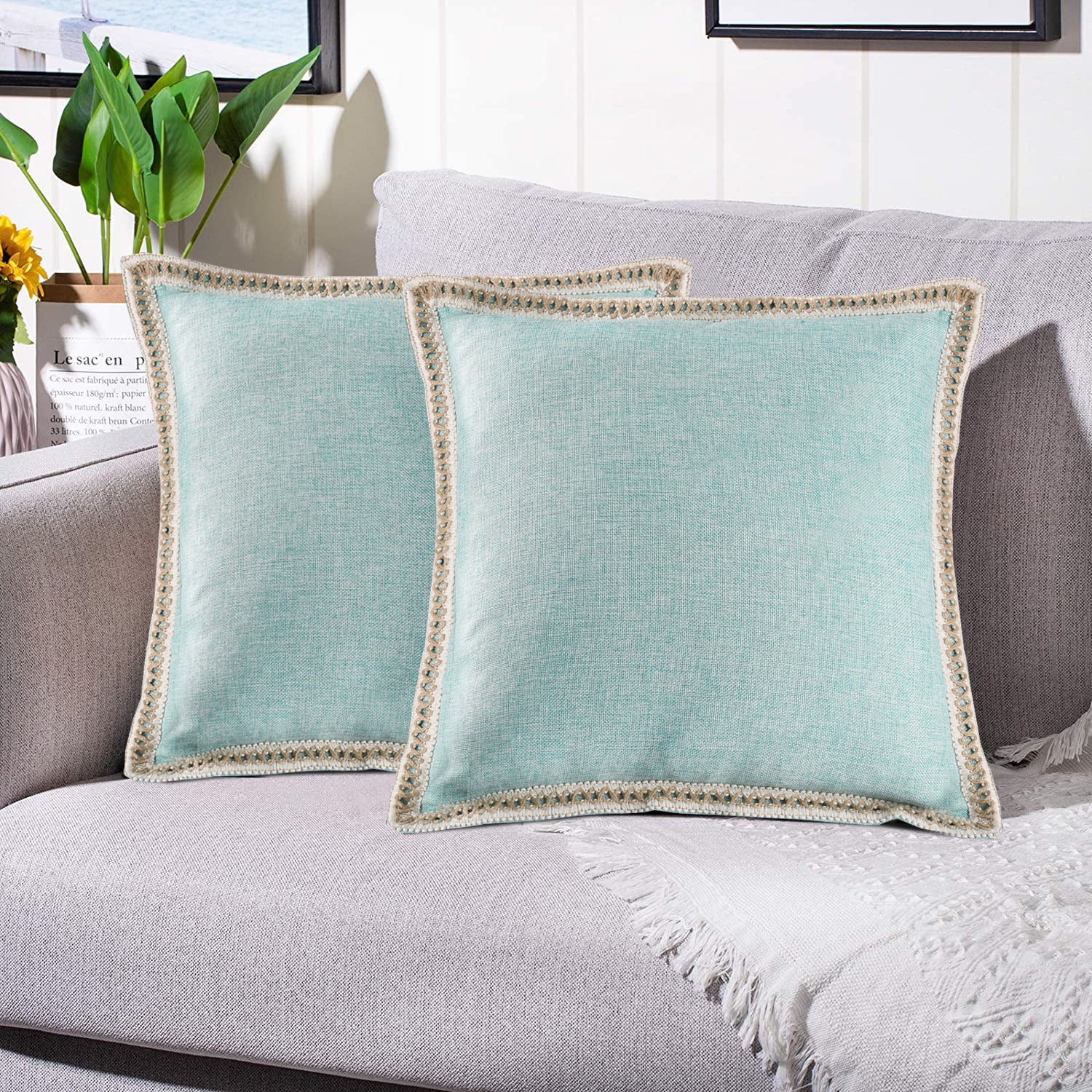 EvJk Set of 2 Aqua Throw Pillow Covers Vintage Linen Trimmed Cushion