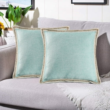 EvJk Set of 2 Aqua Throw Pillow Covers Vintage Linen Trimmed Cushion Covers, 18"x18"