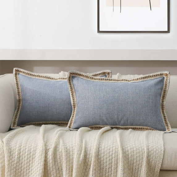 EvJk Set of 2 Blue Throw Pillow Covers Vintage Linen Trimmed Cushion Covers, 12"x20"