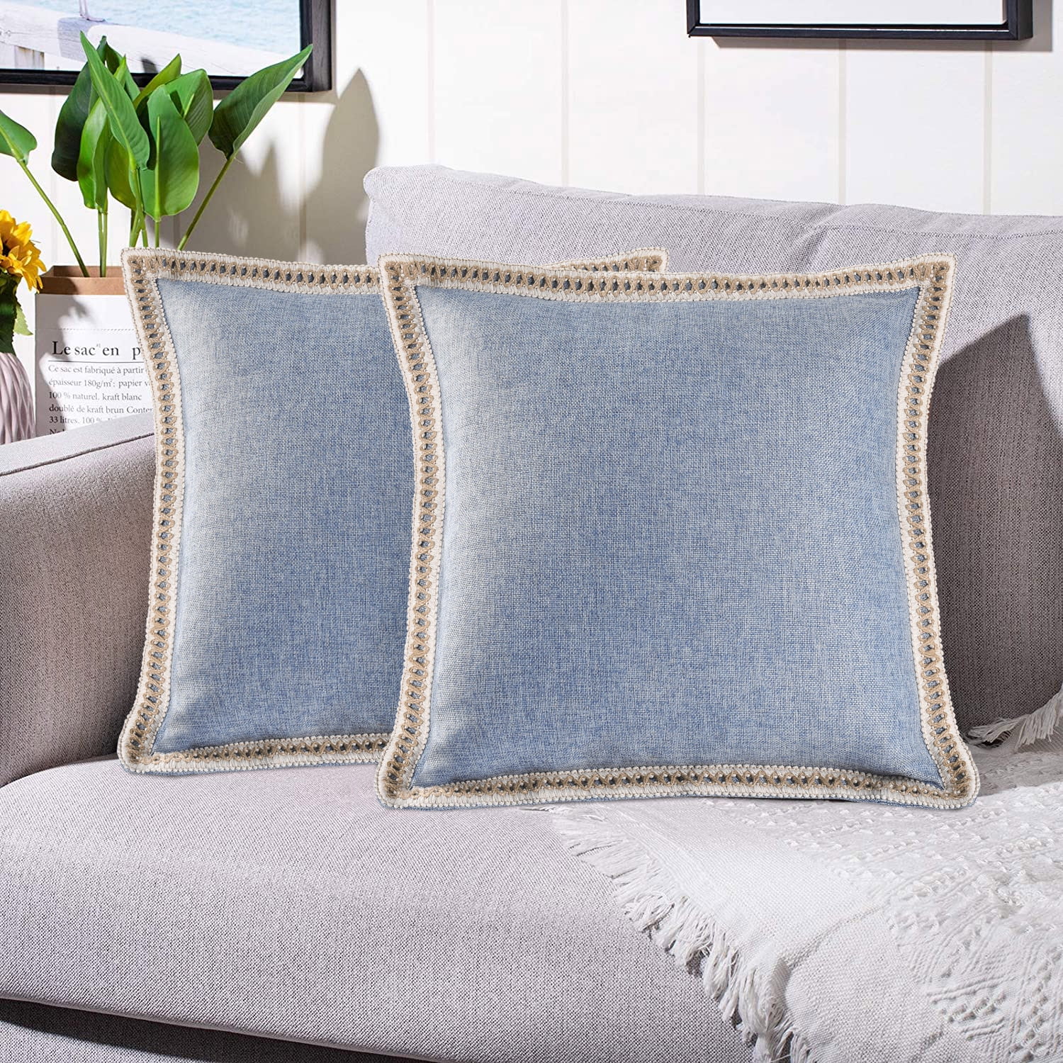 EvJk Set of 2 Blue Throw Pillow Covers Vintage Linen Trimmed Cushion Covers, 18"x18" - Walmart.com