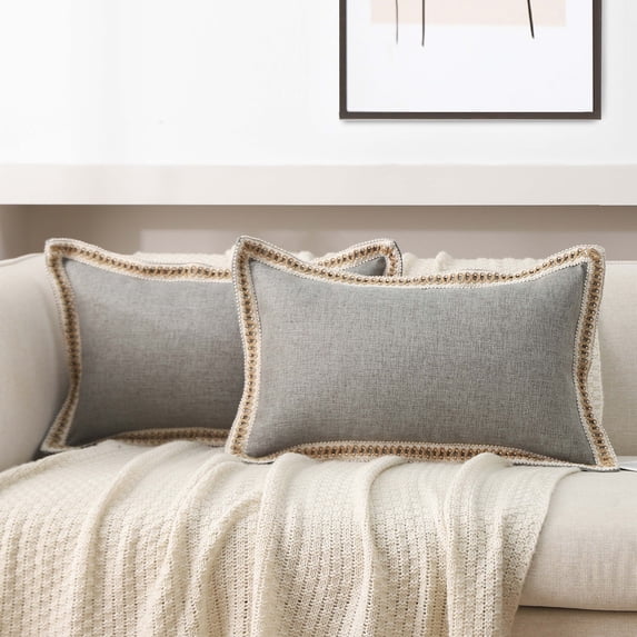 EvJk Set of 2 Gray Throw Pillow Covers Vintage Linen Trimmed Cushion Covers, 12"x20"