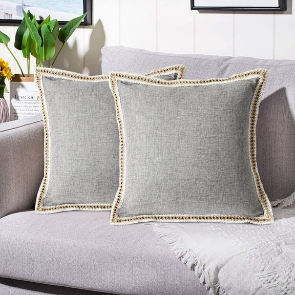 EvJk Set of 2 Gray Throw Pillow Covers Vintage Linen Trimmed Cushion Covers, 18"x18"