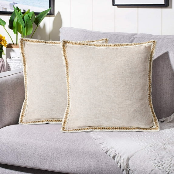 EvJk Set of 2 Linen Throw Pillow Covers Vintage Linen Trimmed Cushion Covers, 20"x20"