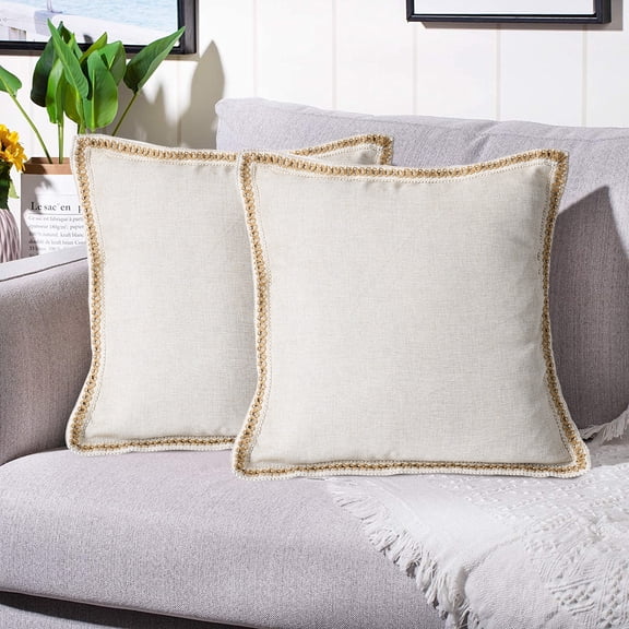 EvJk Set of 2 Nature Throw Pillow Covers Vintage Linen Trimmed Cushion Covers, 20"x20"