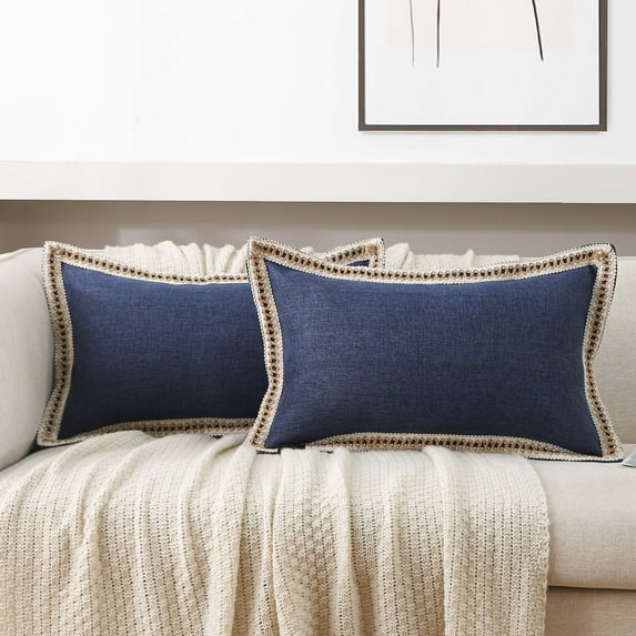EvJk Set of 2 Navy Throw Pillow Covers Vintage Linen Trimmed Cushion Covers, 12"x20"