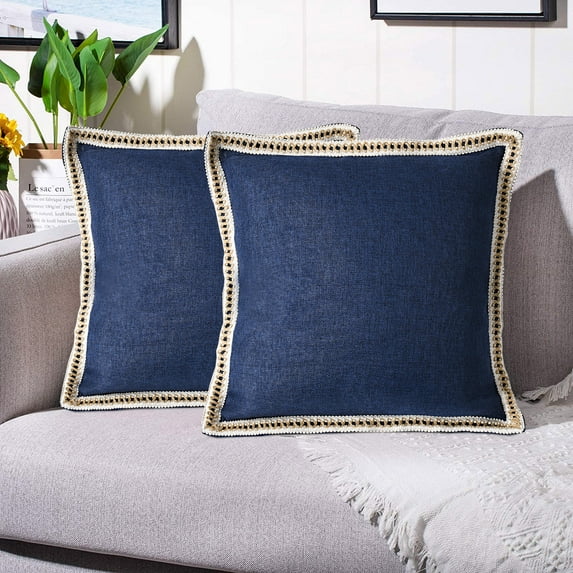 EvJk Set of 2 Navy Throw Pillow Covers Vintage Linen Trimmed Cushion Covers, 20"x20"