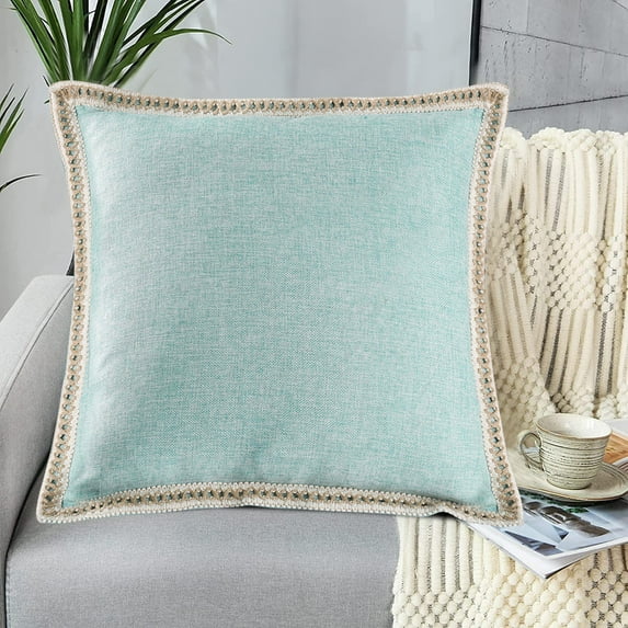 EvJk Set of 2 Vintage Pillow Covers, Linen with Trimmed, Aqua, 20 inches x 20 inches