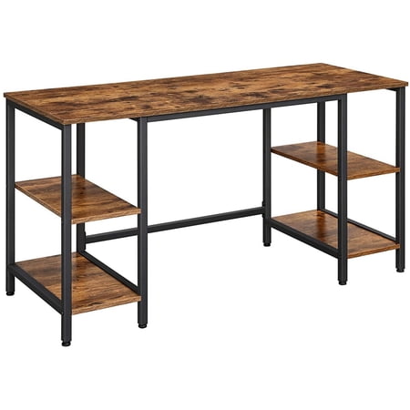Eva 54 Inches Rectangular Wood Top Computer Desk, 4 Shelves, Metal, Brown, Black- Saltoro Sherpi