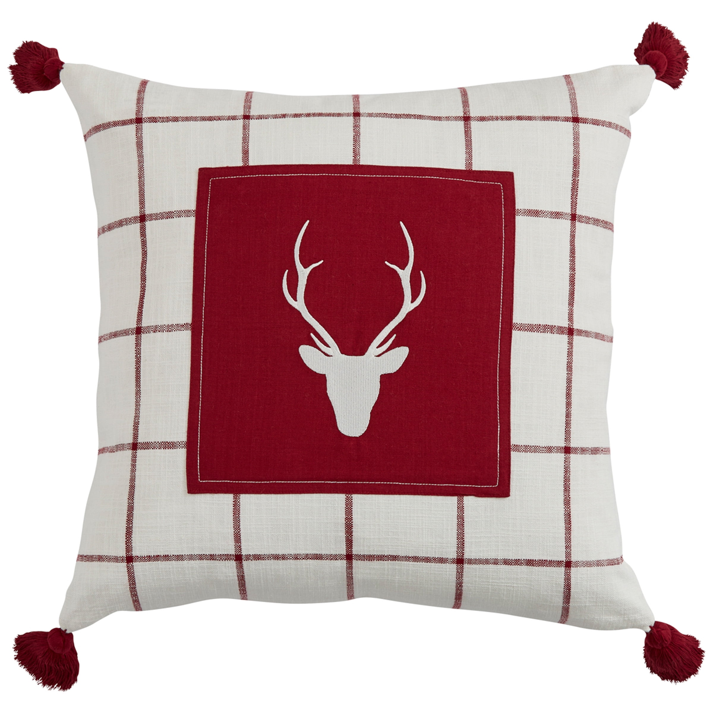 Red and Ivory Cotton Embroidered Reindeer Pillow Cover 20"
