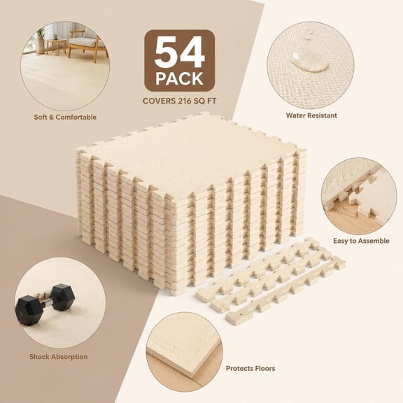 Eva Foam Floor Tiles, 54 Pack, Non-Slip Surface, Interlocking Borders, 0.4 in Thick Padding, Beige