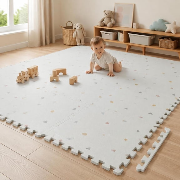 Eva Interlocking Foam Floor Tiles, light gray, high-density core, 3-layer design, non-slip, waterproof, 18 or 54 pieces
