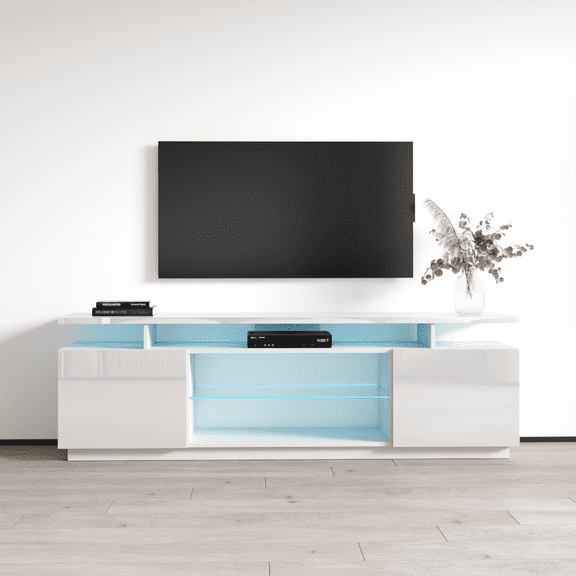 Eva-K TV Stand for TVs up to 80", Modern High Gloss 71" Entertainment Center, TV Media Console with Storage Cabinets and LED Lights