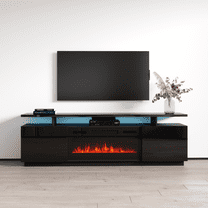 Eva-KBL Fireplace TV Stand for TVs up to 80", Modern High Gloss 71" Entertainment Center, Electric Fireplace TV Media Console with Storage Cabinets and LED Lights