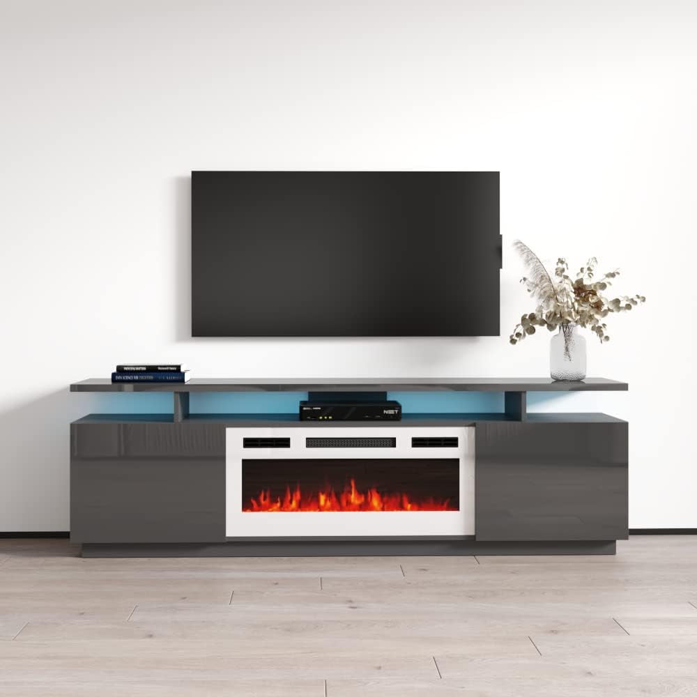 Eva-KWH Fireplace TV Stand for TVs up to 80" Modern High Gloss 71" Entertainment Center Electric ...