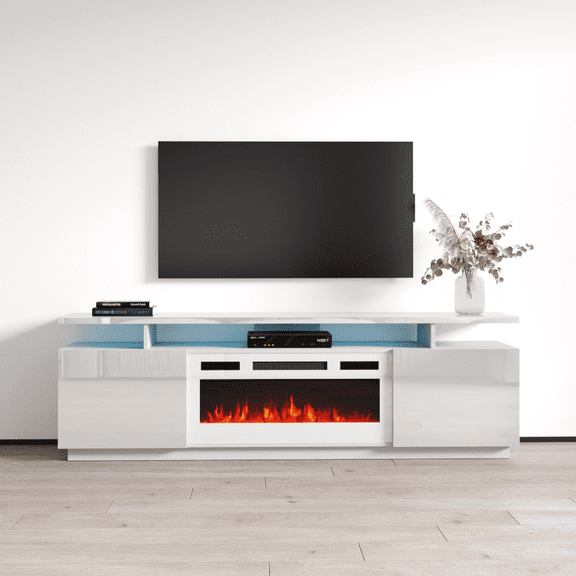 Eva-KWH Fireplace TV Stand for TVs up to 80", Modern High Gloss 71" Entertainment Center, Electric Fireplace TV Media Console with Storage Cabinets and LED Lights