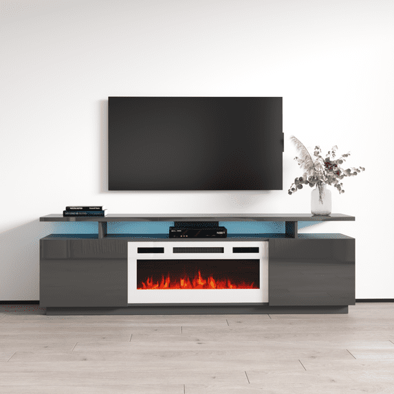 Eva-KWH Fireplace TV Stand for TVs up to 80", Modern High Gloss 71" Entertainment Center, Electric Fireplace TV Media Console with Storage Cabinets and LED Lights
