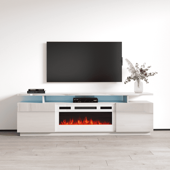 Eva-KWH Fireplace TV Stand for TVs up to 80", Modern High Gloss 71" Entertainment Center, Electric Fireplace TV Media Console with Storage Cabinets and LED Lights